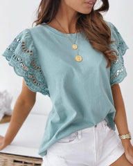 Hollow Out Scallop Lace Trim Flutter Sleeve Blouse