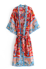 Boho Robe, Kimono Robe,  Beach Cover up, Red Peony Blue Bird