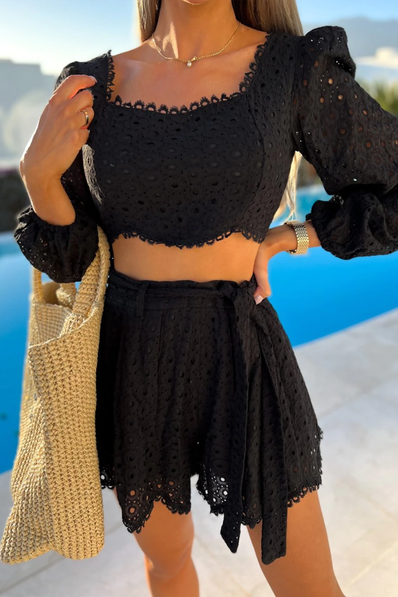 Hollow Lantern Sleeve Cropped Top + Belt Shorts