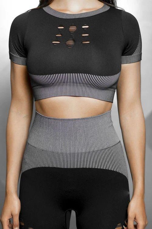 Ripped Patchwork Crop T Shirt Leggings Set