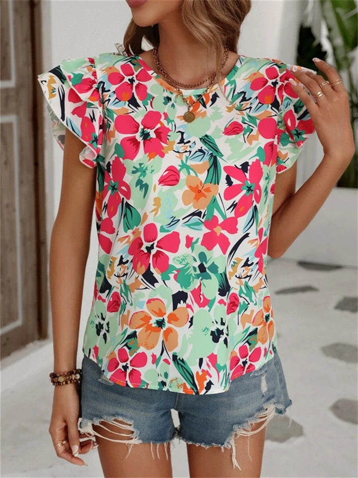 Women's Summer New Fashion Floral Print Double Fly Short-sleeved Shirt Top S M L XL 2XL