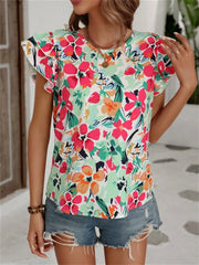 Women's Summer New Fashion Floral Print Double Fly Short-sleeved Shirt Top S M L XL 2XL
