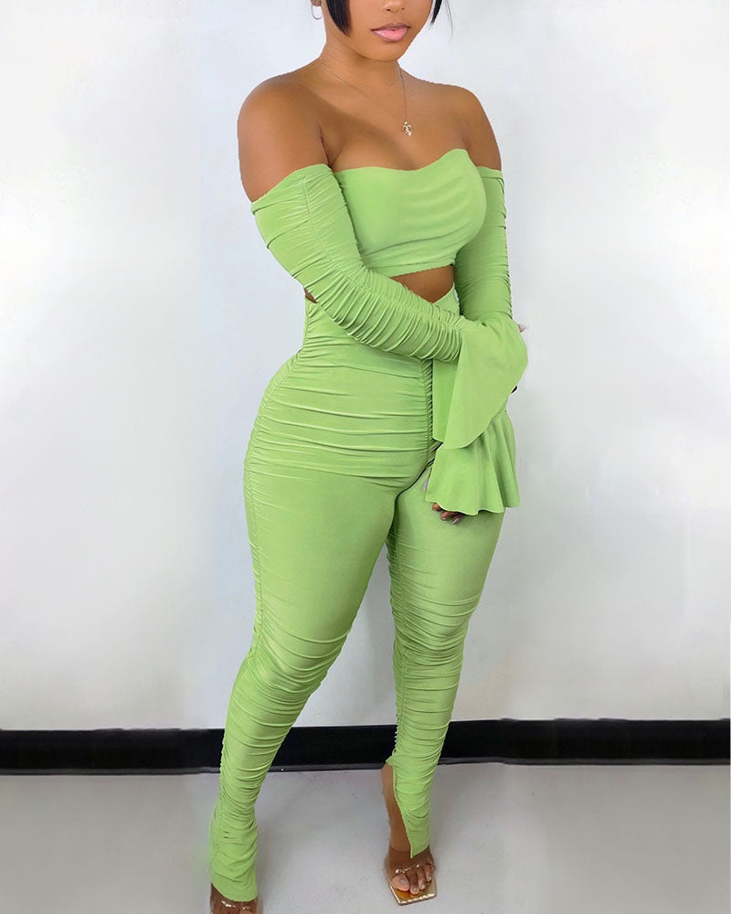 Ruched Split Hem Off Shoulder Crop Top & Pants Set