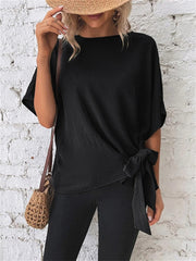 Women's Summer Solid Color Bat Wing Sleeve Hem Knot Loose T-shirt Tops Black Gray Blue Brown Green S M L XL