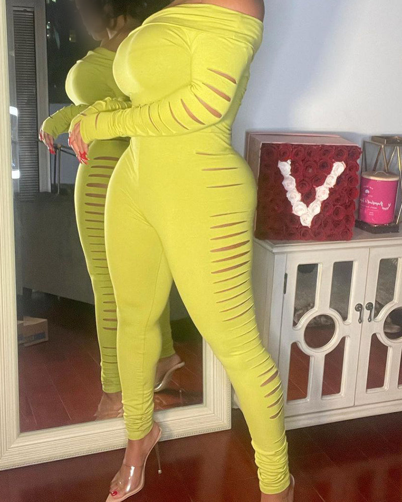 Solid Cut Out Zip Back Off Shoulder Jumpsuit