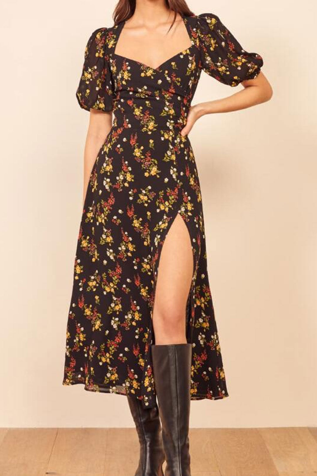 Boho Midi Dress, Midnight Black Garden