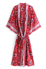Boho Robe, Kimono Robe,  Beach Cover up, Red Daisy Mum
