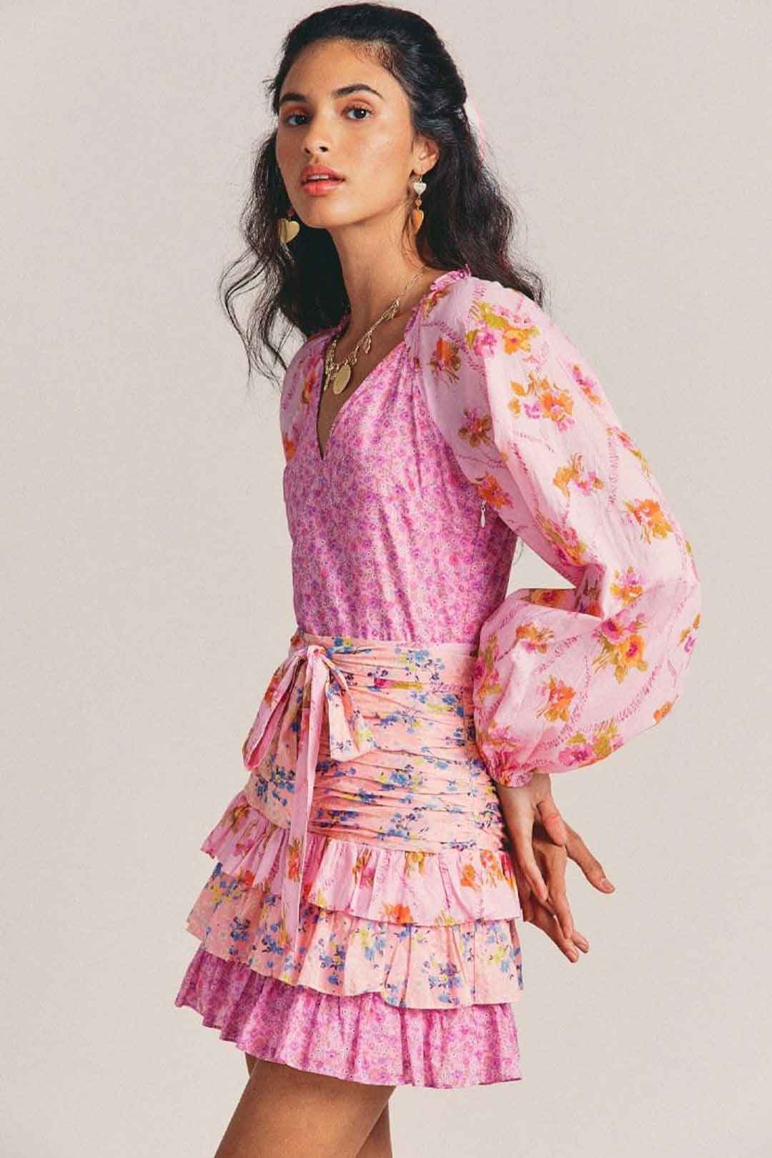 Boho Mini Dress Ruffle Dress, Fuchsia Alyssa