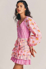 Boho Mini Dress Ruffle Dress, Fuchsia Alyssa