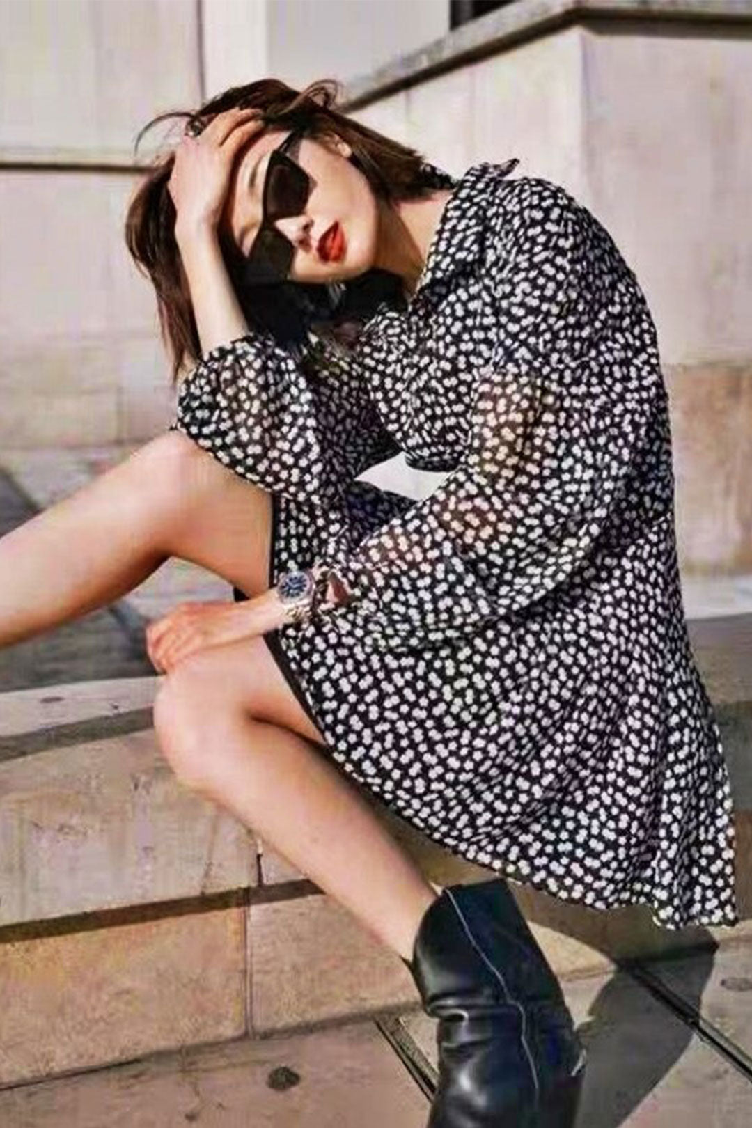 Boho Mini Dress Black Daisy
