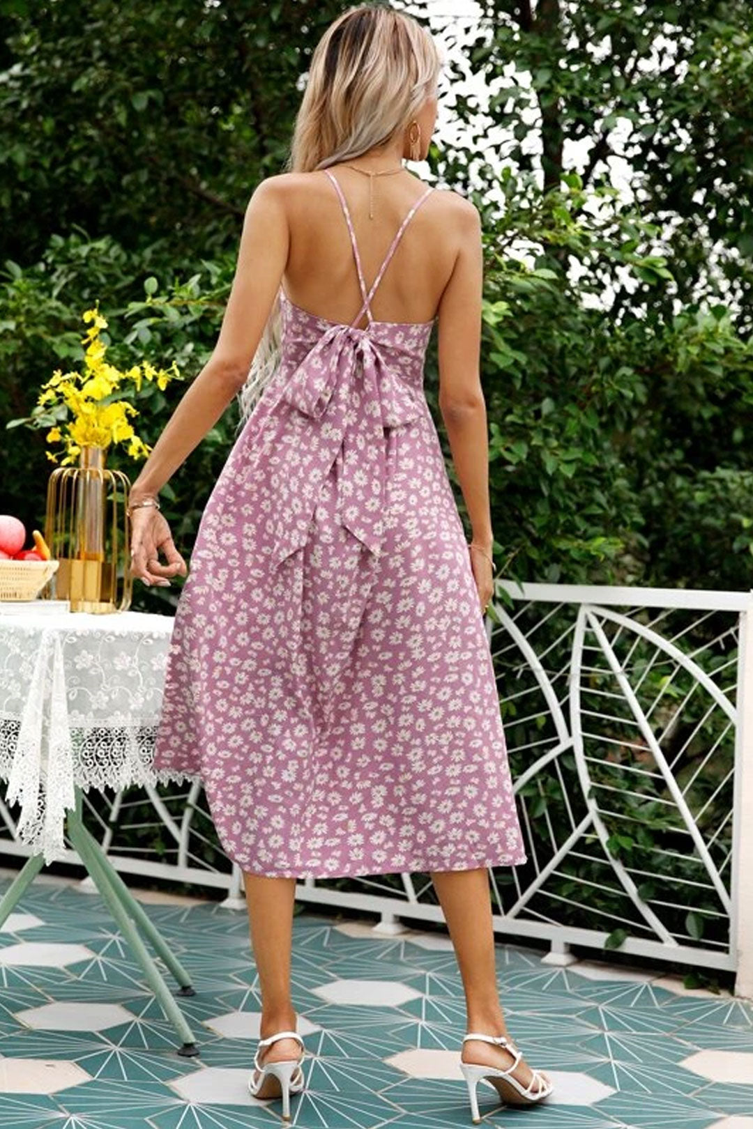 Boho Midi Dress, Strappy Sundress Emilie in Floral Purple