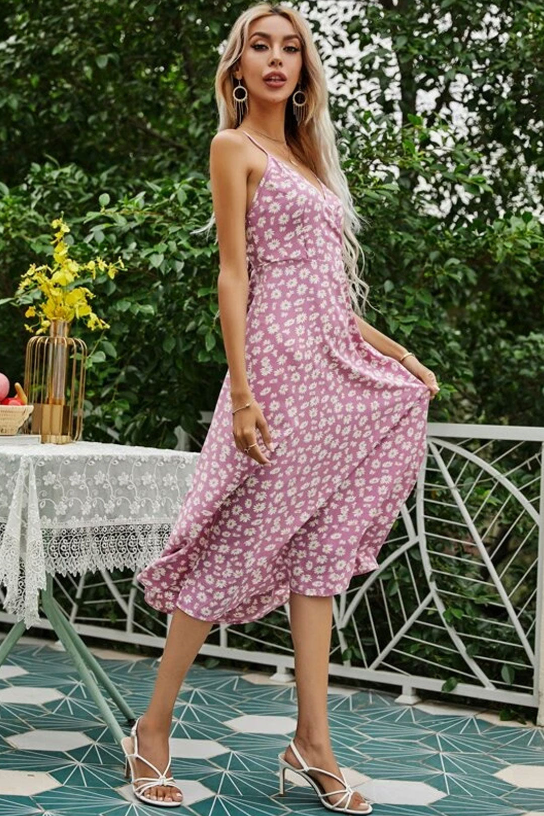 Boho Midi Dress, Strappy Sundress Emilie in Floral Purple