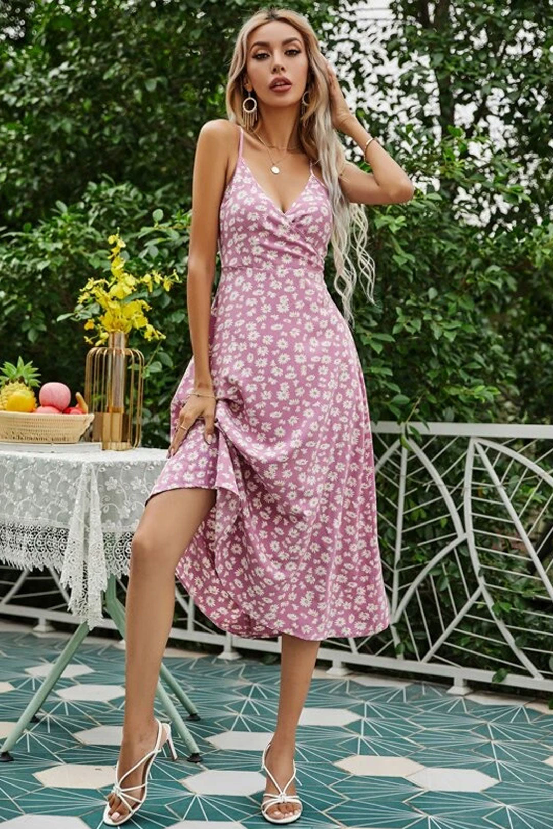 Boho Midi Dress, Strappy Sundress Emilie in Floral Purple