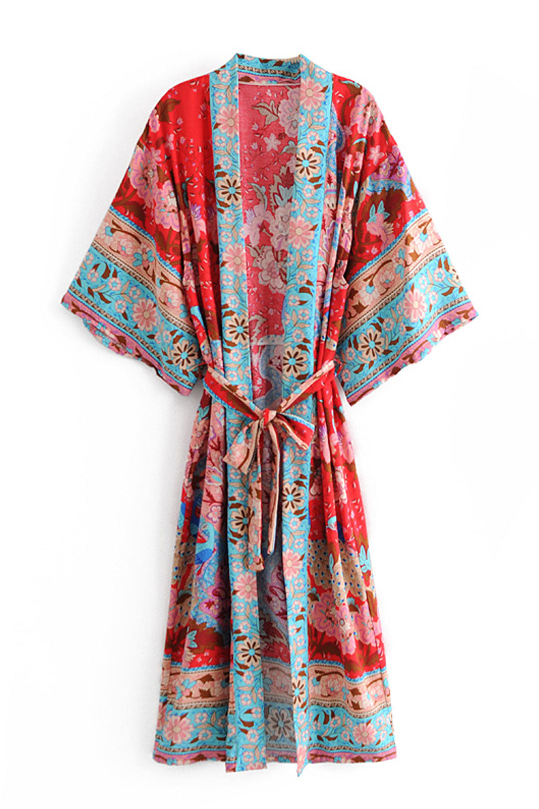 Boho Robe, Kimono Robe,  Beach Cover up, Wild Flower Kelly Red
