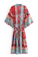 Boho Robe, Kimono Robe,  Beach Cover up, Wild Flower Kelly Red