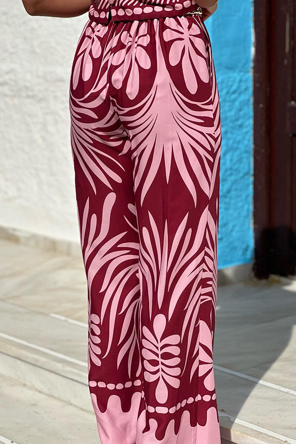 Maui Vibes Tropical Print Center Front Split Crop Top and Elastic Waist Pants Set