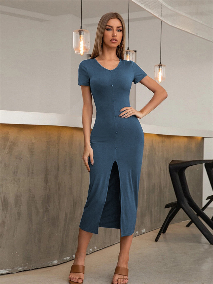 New Solid Color Women's Sexy V-neck Slim Open Knit Mid-length Dress Button Set Head Commuter One Step Dress Temperament Elegant Dress