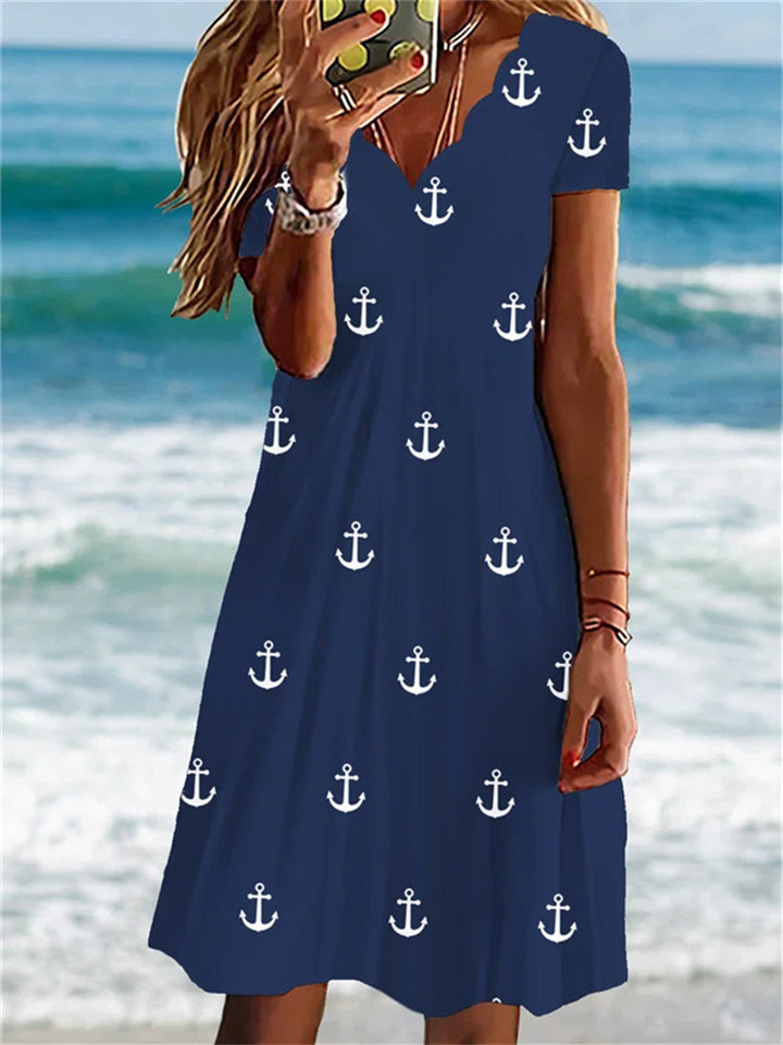 Women's Summer Hot Models Printed L Dress Slim Short-sleeved Wave Collar Comfortable Casual Printed A-line Dress S,M,L,XL,XXL,3XL,4XL,5XL