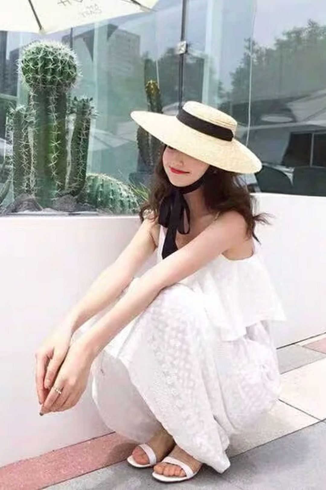 Boho Hat, Sun Hat, Beach Hat, Wide Brim Straw Hat 10 cm, Black and White Ribbon
