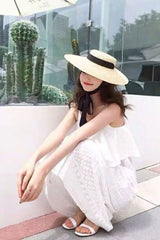 Boho Hat, Sun Hat, Beach Hat, Wide Brim Straw Hat 10 cm, Black and White Ribbon