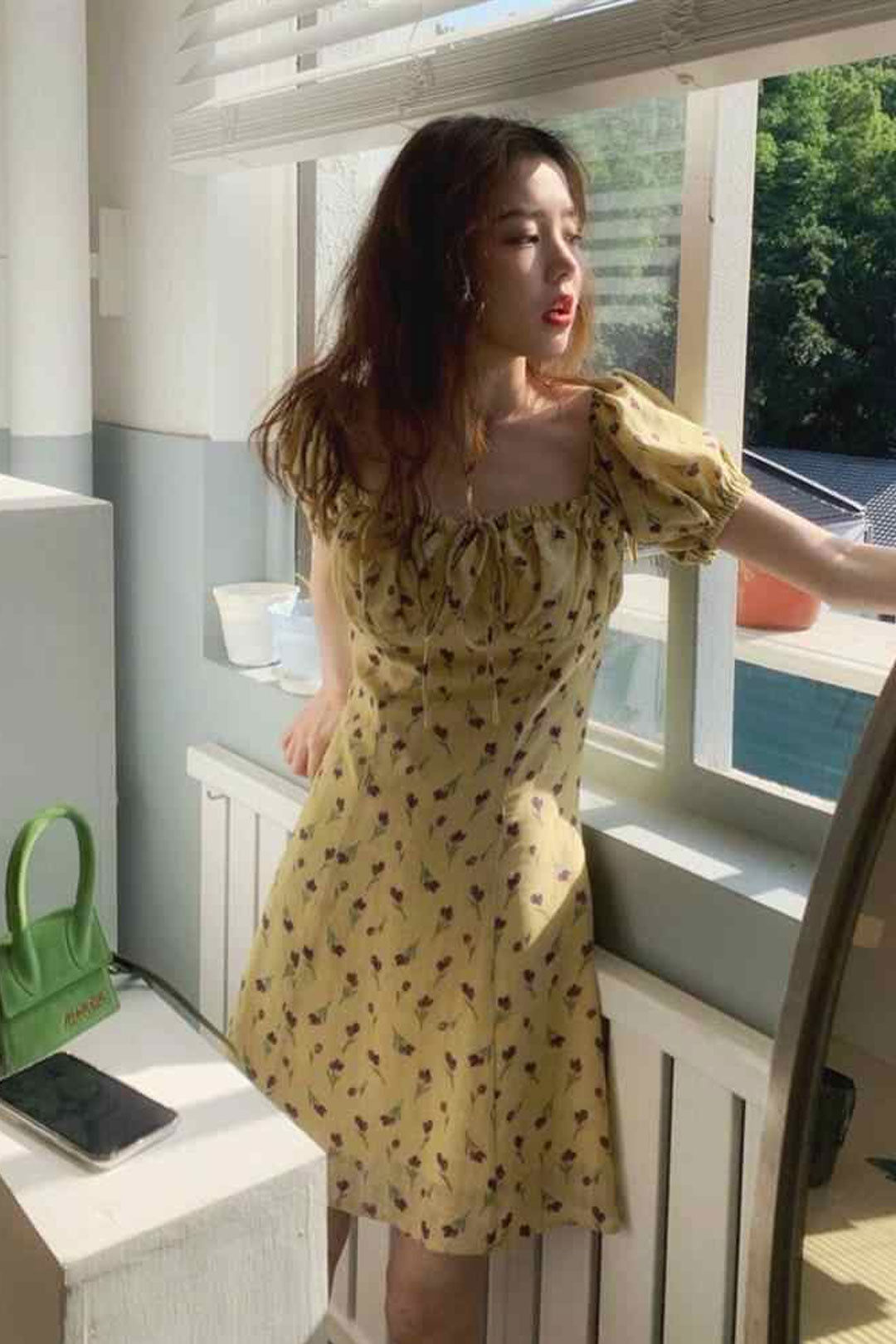 Boho Mini Dress Off  Shoulder Sundress, Pastel Yellow Flower Child