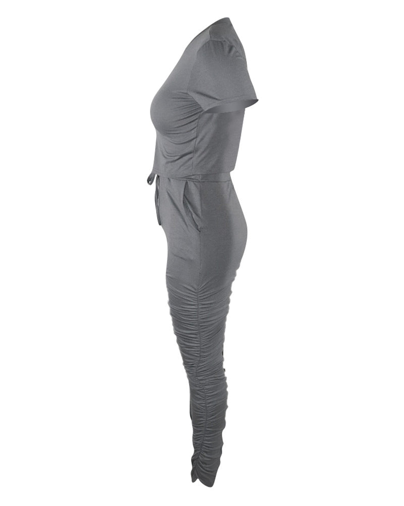 Solid Crop Top & Drawstring Ruched Pants Set
