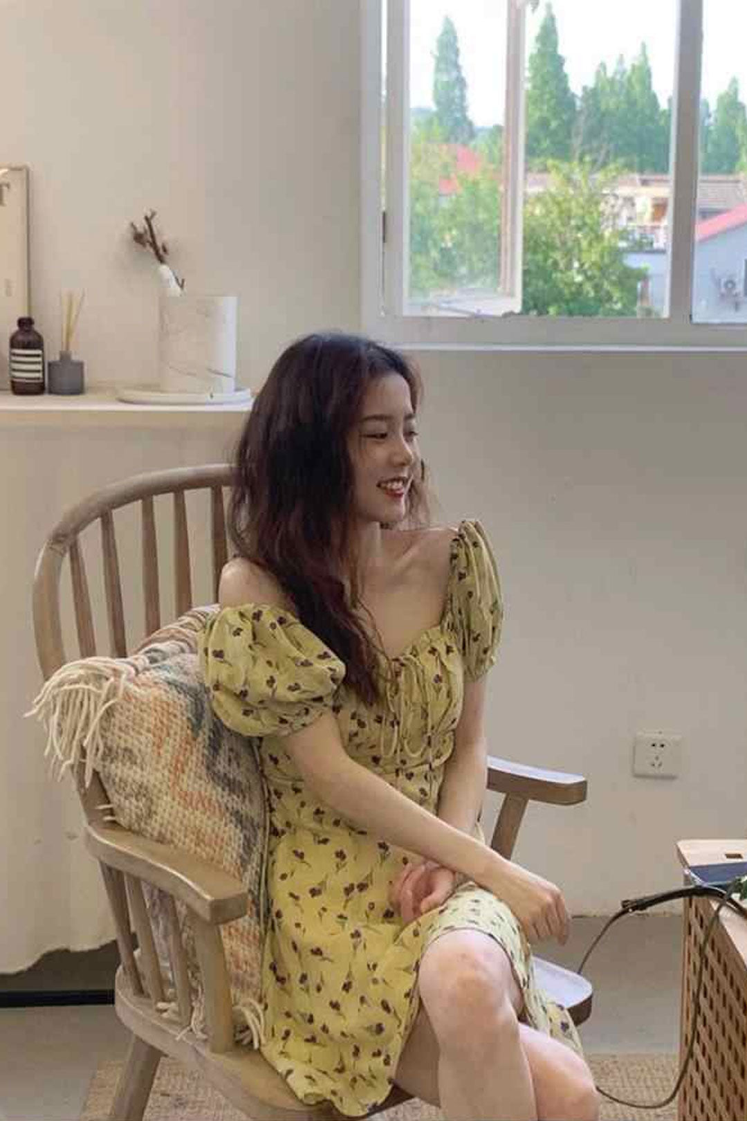 Boho Mini Dress Off  Shoulder Sundress, Pastel Yellow Flower Child