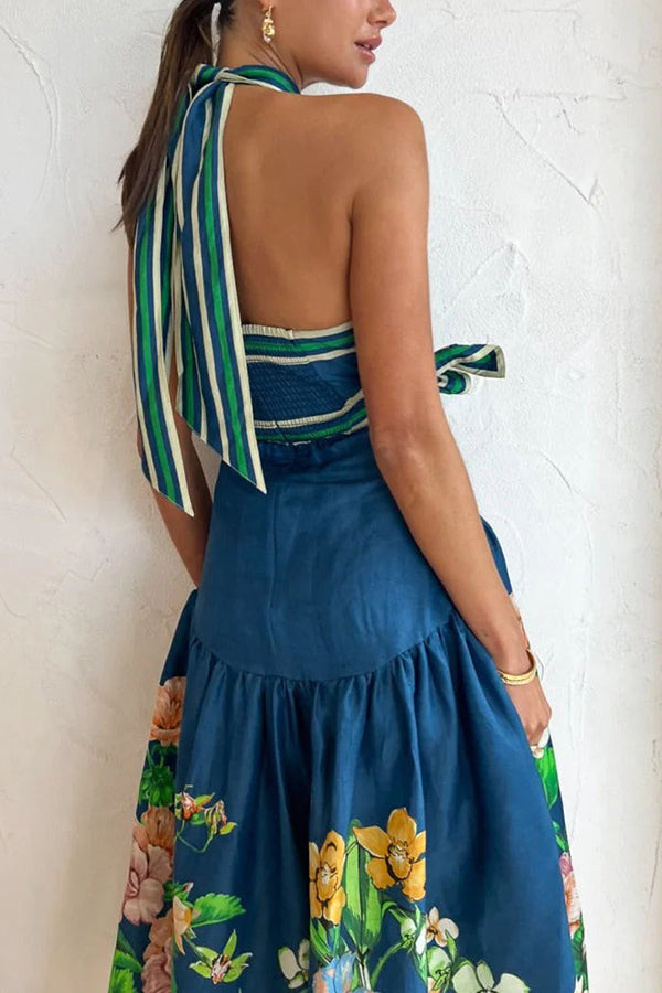 Call It Love Linen Blend Floral Halter Cross-over Neck Back Smocked Midi Dress