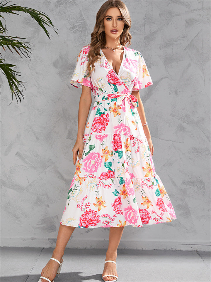 Women's Summer Print V-neck Waist-length Mid-length Tied Short-sleeved Big Swing Dress Personality Street Style Mid-length Dress