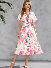 Women's Summer Print V-neck Waist-length Mid-length Tied Short-sleeved Big Swing Dress Personality Street Style Mid-length Dress