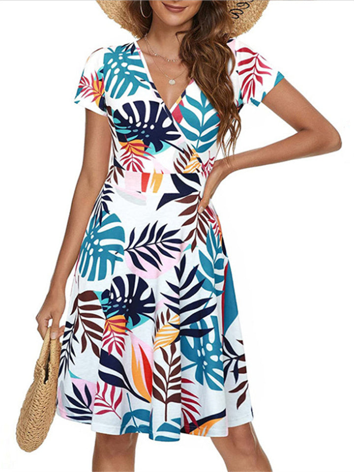 Women's Dresses Short-sleeved V-neck Print Bohemian Mid-length Dress Casual Short-sleeved Dresses