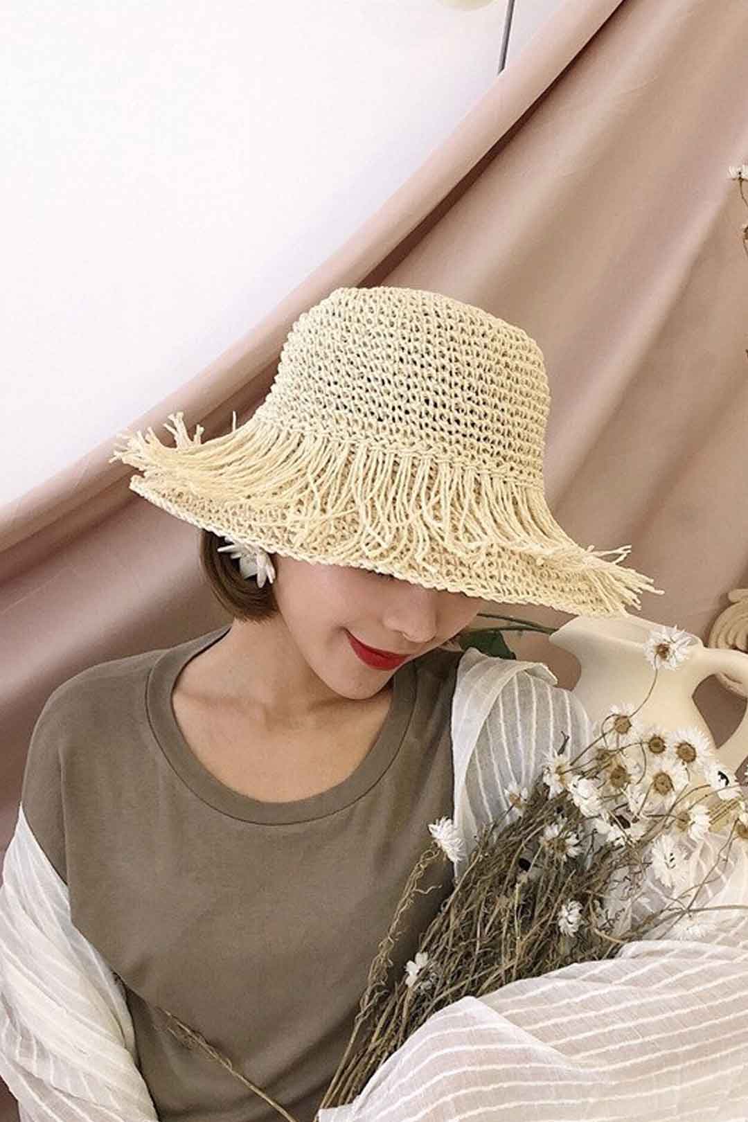 Boho Hat, Beach Sun Hat, Grass Flod Hat Mila in White and Caramel