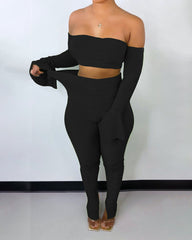 Ruched Split Hem Off Shoulder Crop Top & Pants Set