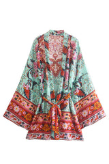 Boho Robe, Kimono Robe,  Beach Cover up, Short Robe, Green Red Amary