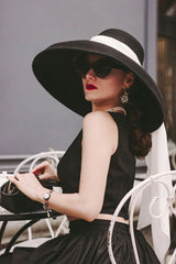 Boho Hat, Floppy Vintage Hat, Audrey Black Wool White Scraf