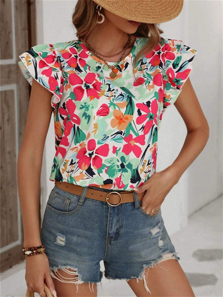 Women's Summer New Fashion Floral Print Double Fly Short-sleeved Shirt Top S M L XL 2XL