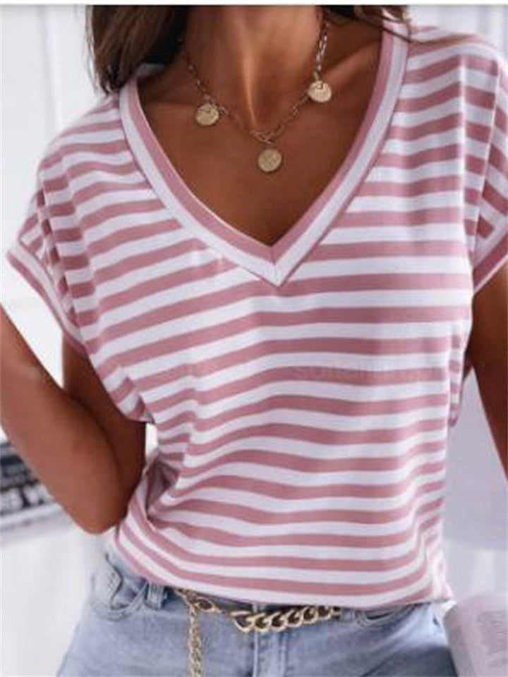 Casual Fashion Women's Women's Tops Striped V-neck Pullover Summer Regular Sleeve Short Sleeve Urban Style Loose Type T-shirt