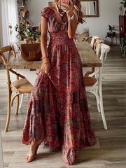 Vintage Print Short Sleeve Maxi Dress