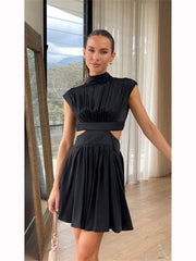 Solid Color Hollow Stand Collar Sweet Wind Summer Models Short Skirt Waist Stand Collar Waist Short Dress
