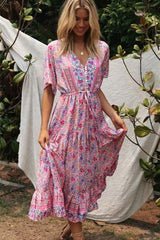 Boho Maxi Dress, Sundress, Wild Floral in Pink