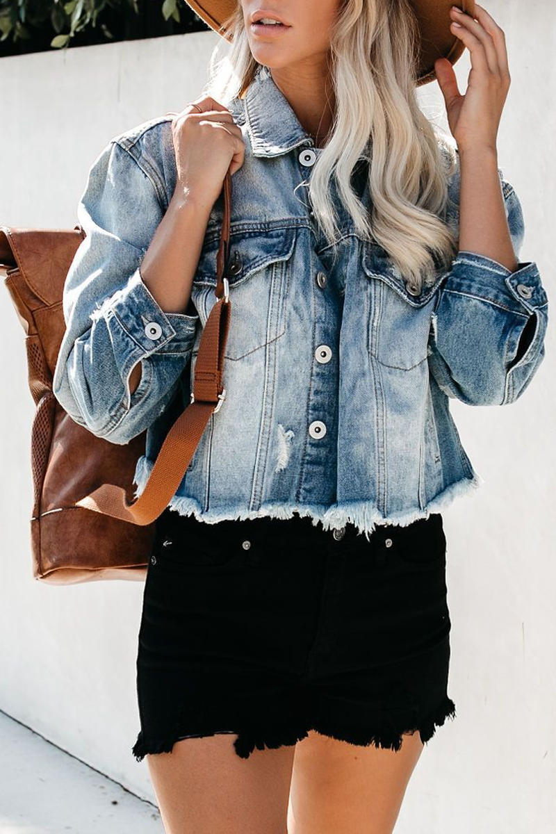 Lapel Fringed Wash Denim Ripped Jacket