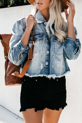 Lapel Fringed Wash Denim Ripped Jacket