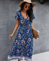 Side Split V Neck Floral Short Sleeve Maxi Dress