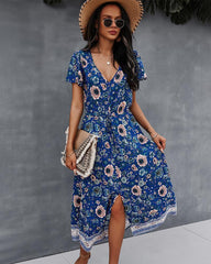 Side Split V Neck Floral Short Sleeve Maxi Dress