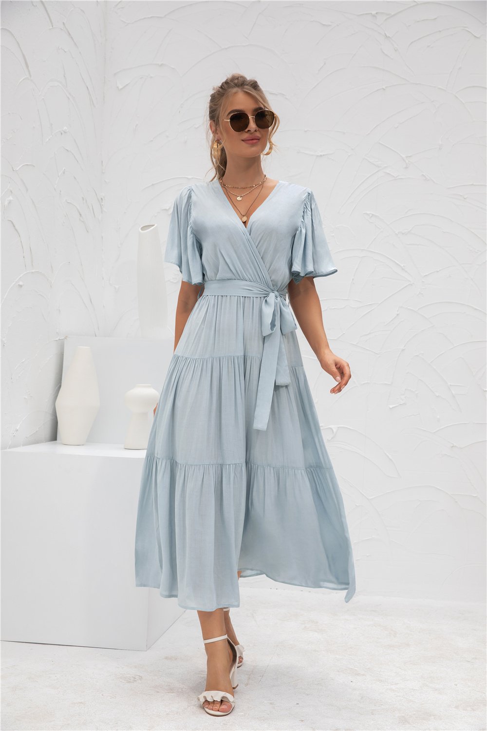 Short Sleeve V Neck Flowy Waist Wrap Maxi Dress