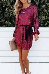 Sequin Tie Waist Mini Long Sleeve Dress