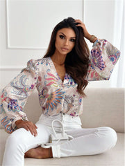 Fashion New Digital Printing Lantern Sleeves Pile Collar Long-sleeved Loose Type Temperament Elegant Commuter Blouse Women