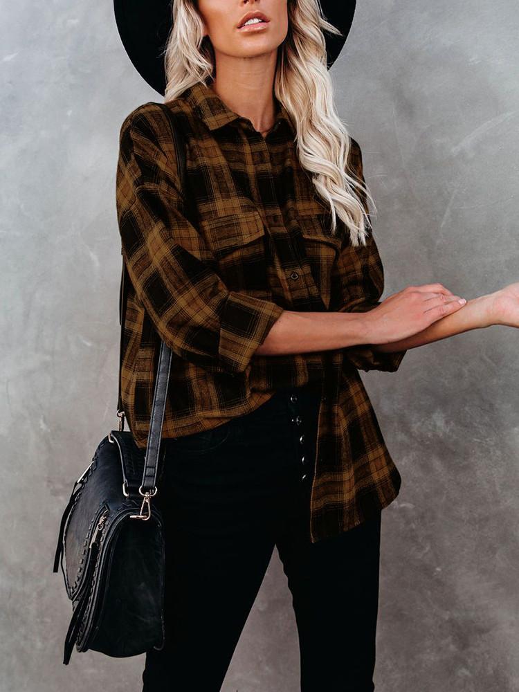 Plaid Lapel Double Pocket Button Blouse