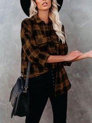 Plaid Lapel Double Pocket Button Blouse