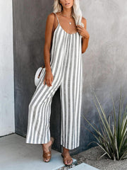 Pocket Suspender Striped Straight-leg Jumpsuit